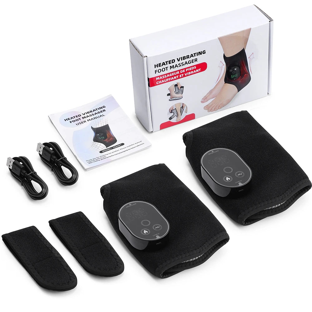Masajeador de pies con doble motor, 6 niveles de calor, 3 niveles de vibración, masaje de pies y tobillos, compresa caliente y soporte de protección.