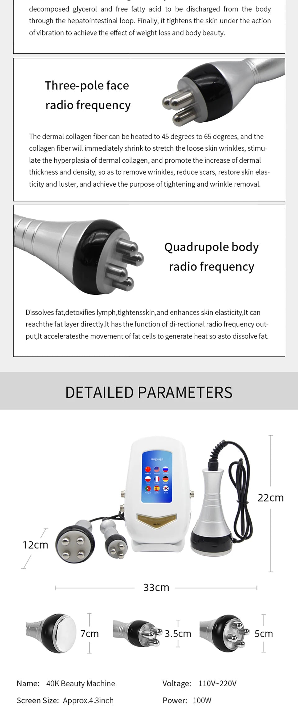 Máquina de radiofrecuencia para masaje corporal y facial por cavitación ultrasónica de 40K