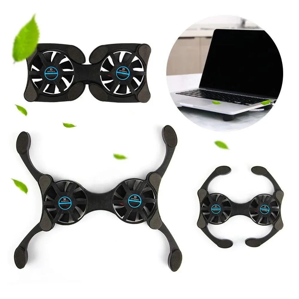 Foldable USB laptop cooling pad with dual fans, mini octopus cooler for 7-15 inch laptops.