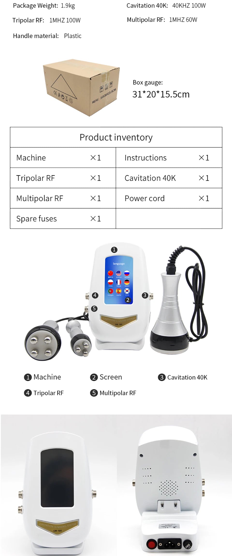 Máquina de radiofrecuencia para masaje corporal y facial por cavitación ultrasónica de 40K