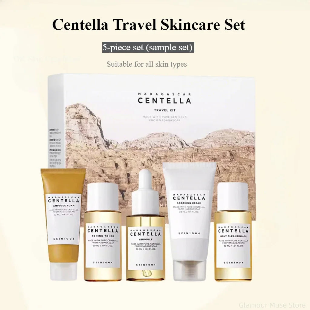 Kit de viaje coreano Centella, tónico, ampolla, crema calmante, aceite limpiador, espuma para ampolla, mini set de regalo de 5 piezas para el cuidado diario de la piel.